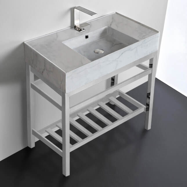Scarabeo 5123-F-CON2-One Hole Modern Marble Design Ceramic Console Sink and Polished Chrome Base